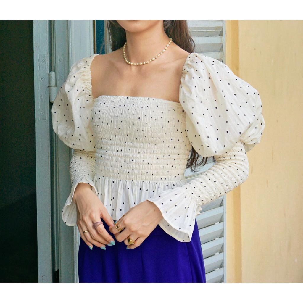 Áo kiểu thun nhún Polkadots linen ruffle long sleeve top trắng chấm bi