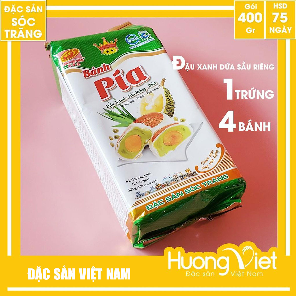 Bánh pía lá dứa sầu riêng trứng muối 400g, bánh pía Tân Huê Viên vị dứa thơm ngon 