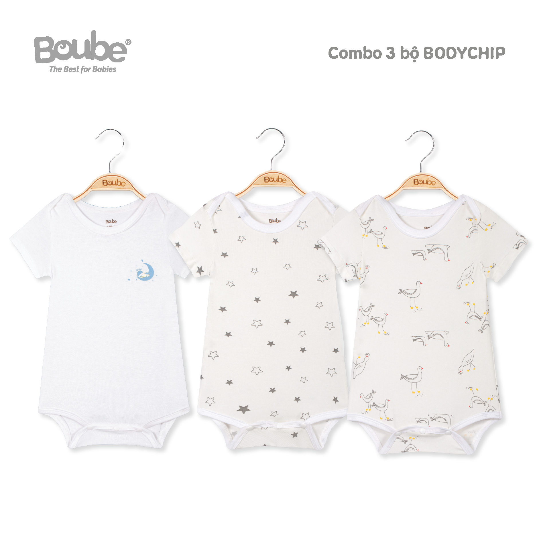 Combo 3 bộ bodychip cổ xếp tam giác nhiều họa tiết cho em bé sơ sinh Boube - Vải petit mềm mịn, thoáng mát - Size 6-12M