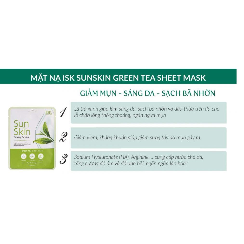 Mặt nạ sáng da, ngừa mụn ISK SungKin GREEN TEA SHEET MASK 23ml - Hàn Quốc Chính Hãng