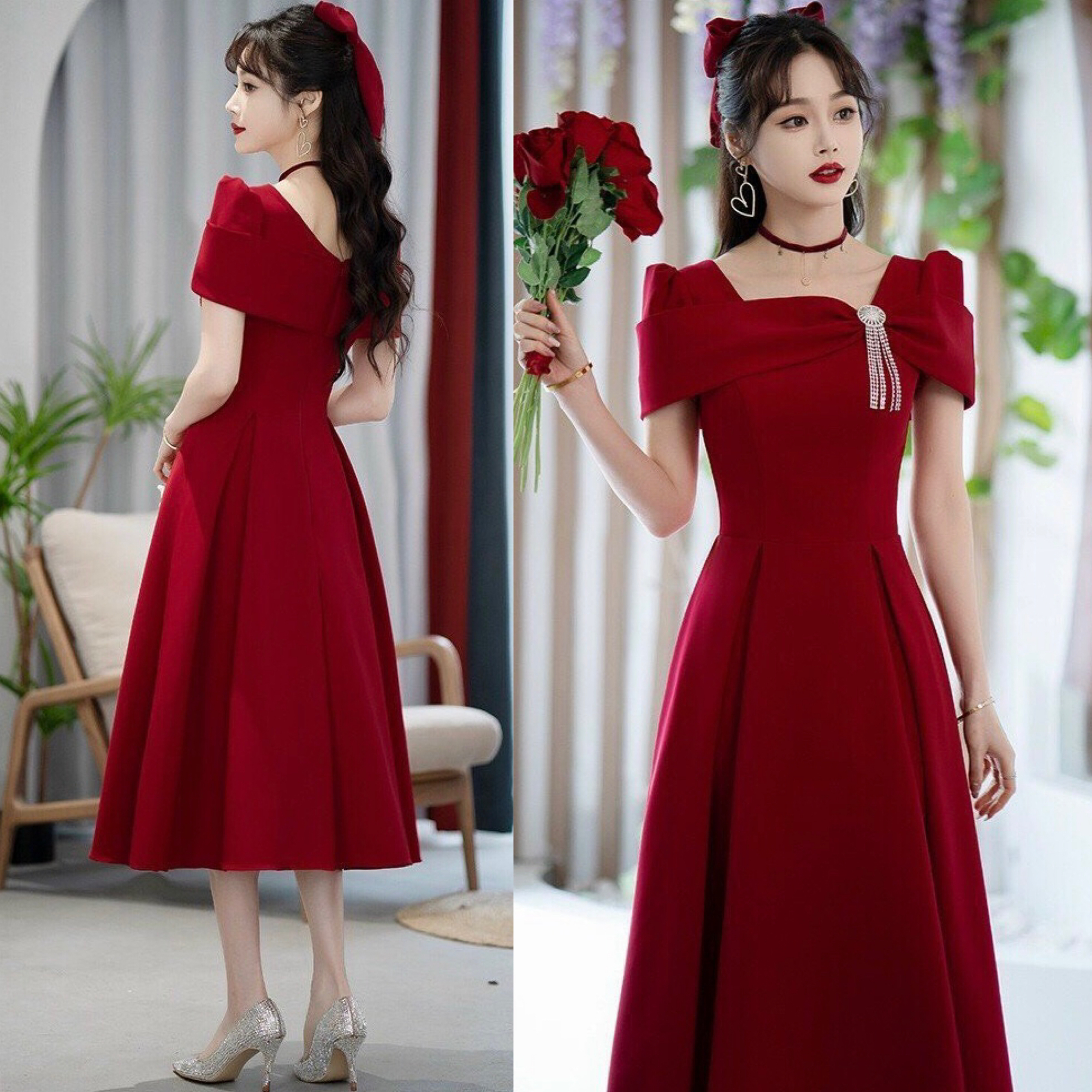 Đầm xoè cổ vuông cách điệu kèm phụ kiện S.MLXL