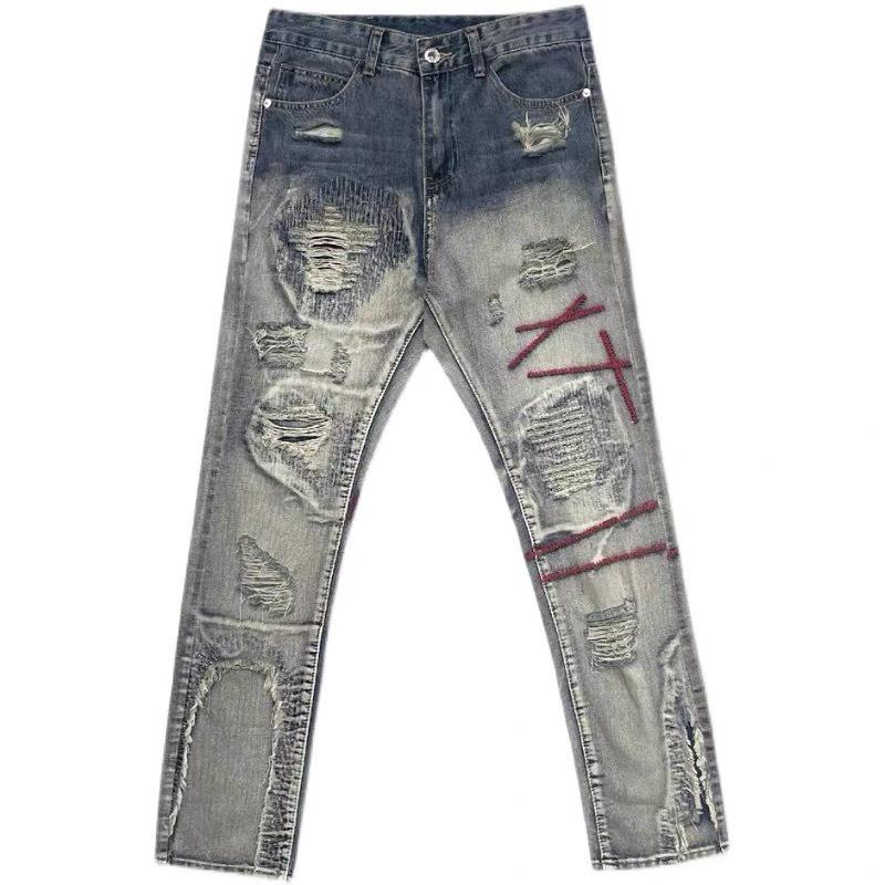Quần jean nam nữ Unisex rách gối họa tiết thêu phong các đường phố,quần Miuzi DT115