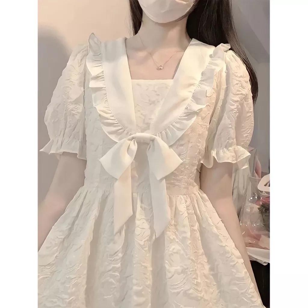 Đầm Nữ Cổ Sen Buộc Nơ Vải Gấm Tay Bèo Dáng Xòe