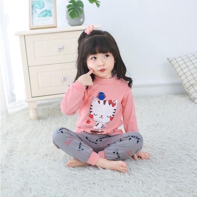 Quần áo thu đông bé gái Đồ ngủ cho bé gái Bộ quần áo thun dài tay cotton Mèo đáng yêu 7 - 27kg - Me Yeu Con 1102