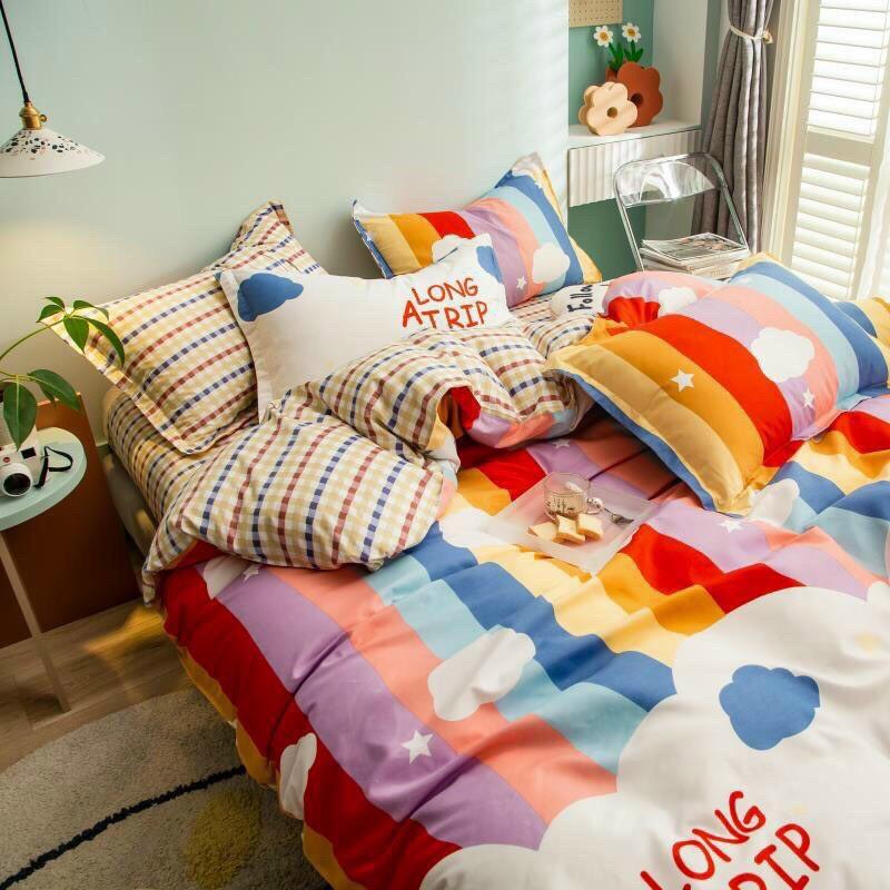 Bộ chăn ga gối 4 món cotton poly cầu vồng cao cấp phong cách Hàn Quốc