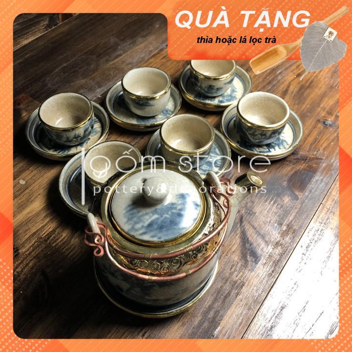 Ấm chén Bát Tràng men rạn giả cổ dáng vại bọc đồng, tặng kèm muỗng gỗ pha trà