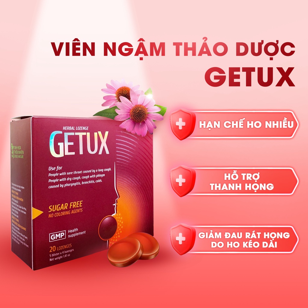 Viên Ngậm Thảo Mộc Giảm Ho Khan Đau Rát Họng GeTux - Hộp 20 Viên