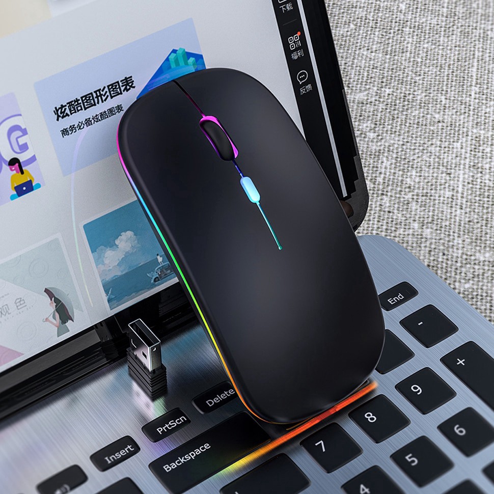 Chuột không dây A2 thiết kế thon gọn, không tạo tiếng ồn, có cổng micro USB để sạc, Led 7 màu sinh động