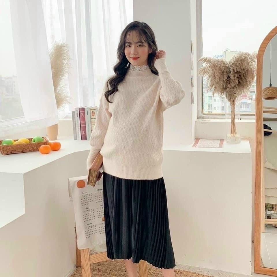 Chân váy bầu midi xếp ly lụa gân Thượng Hải freesize từ 45 đến 70kg