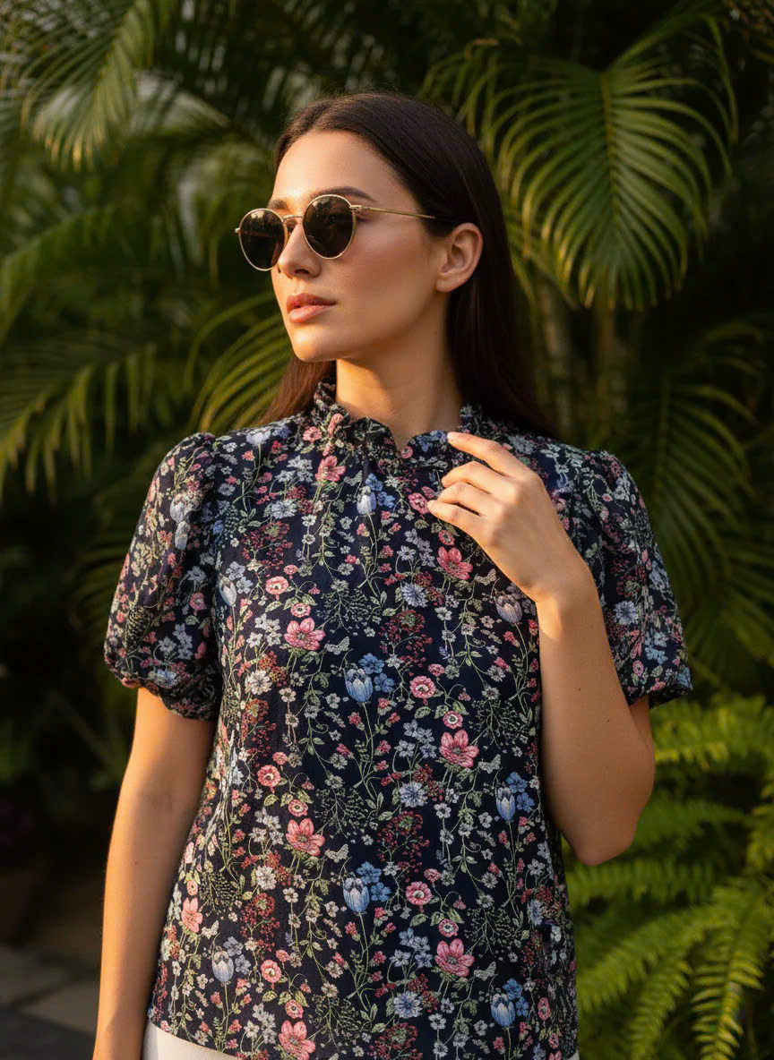 Áo Tay Phồng Điểm Ngọc, Áo Tay Phồng Cổ Lọ Thấp Chiffon Voan Hoa thời trang thiết kế Hity Top231