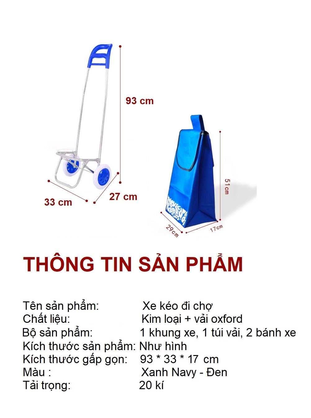 Xe kéo đi chợ gấp gọn Giỏ vải chống thấm siêu nhẹ tiện lợi có thế tháo rời Xe cao 93cm