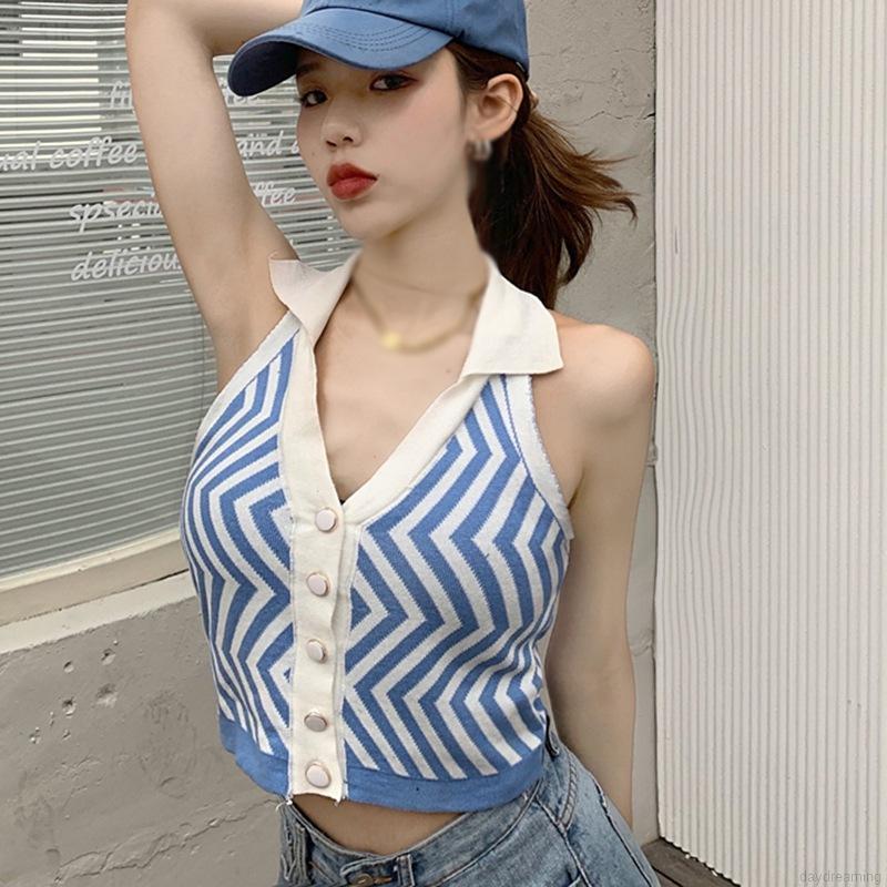 Áo Tank Top Dệt Kim Hoạ Tiết Kẻ Sọc Thiết Kế Cổ Chữ V Quyến Rũ