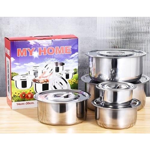 BỘ 5 NỒI INOX KHÔNG QUAI NHIỀU SIZE DÙNG BẾP TỪ TIỆN LỢI