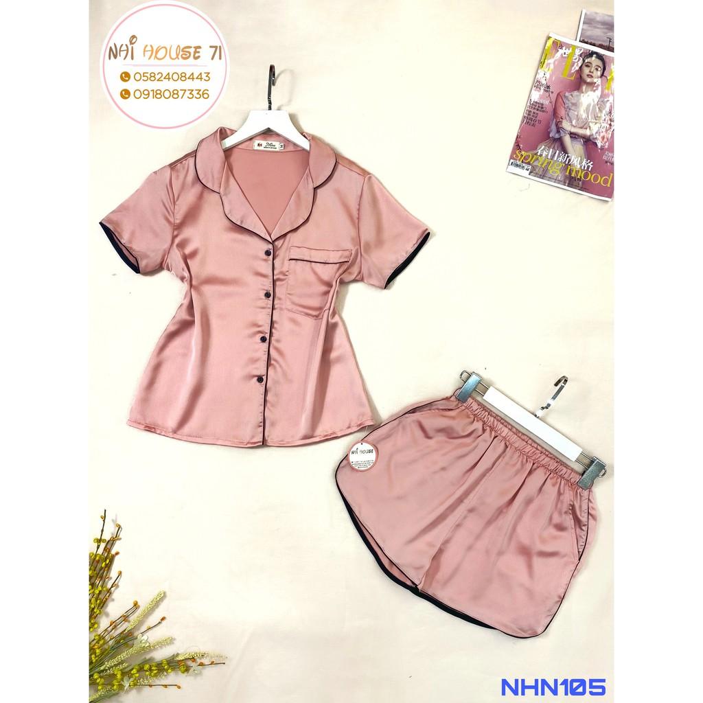 Bộ Mặc Nhà Nữ NHIHOUSE71 Pijama Lụa Satin Quần Ngắn Tay Ngắn Trơn Viền Phối Freesize 45-55kg