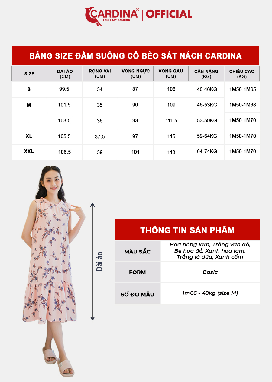 Đầm Nữ CARDINA Sát Nách Chất Lụa Mango Cao Cấp Kiểu Dáng Suông Cổ Bèo Họa Tiết Trẻ Trung 3VM02