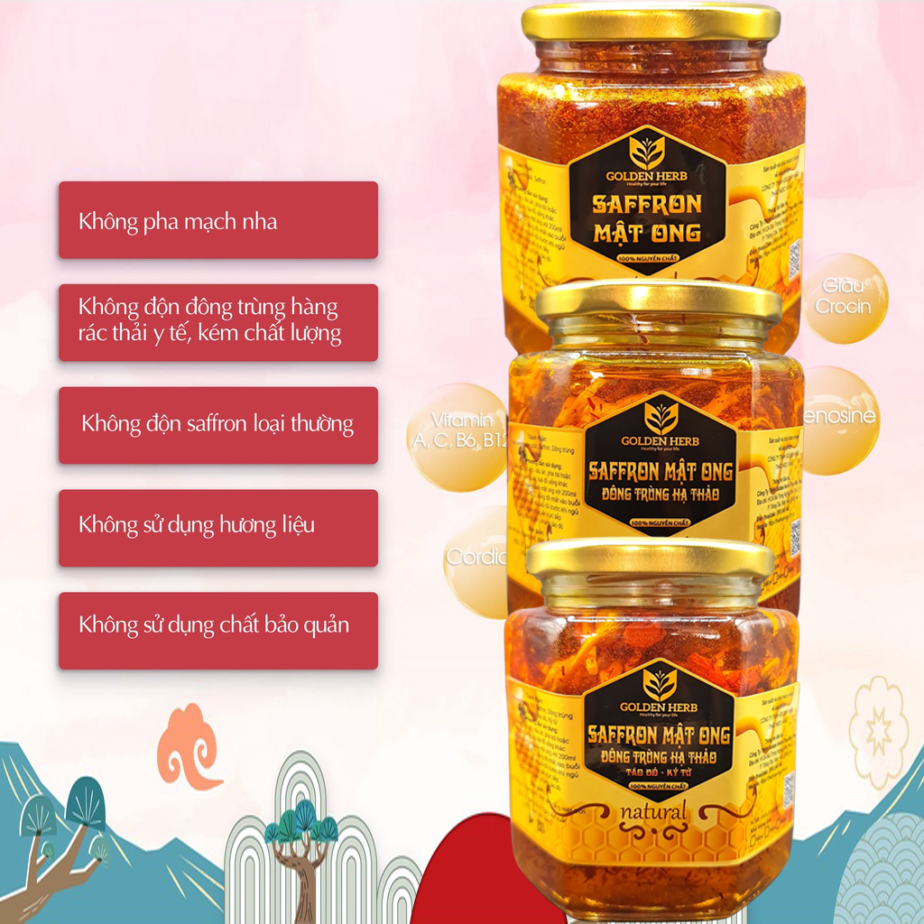 Mật Ong Saffron Đông Trùng Hạ Thảo Táo đỏ Kỷ tử 280ml/lọ Golden Herb