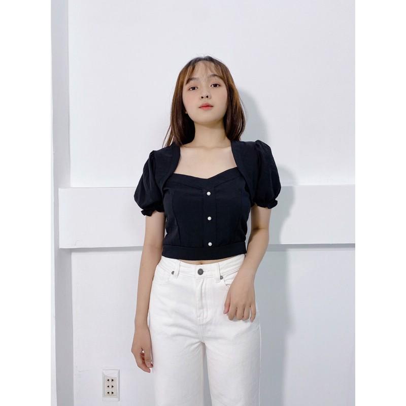 Áo kiểu nữ dáng croptop cổ vuông chất đũi đẹp