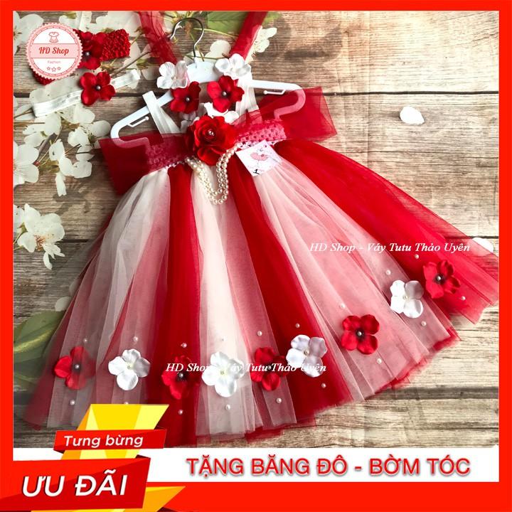 Đầm công chúa cho bé ️FREESHIP️ Đầm công chúa trắng phối đỏ hoa hồng tú cầu cho bé gái