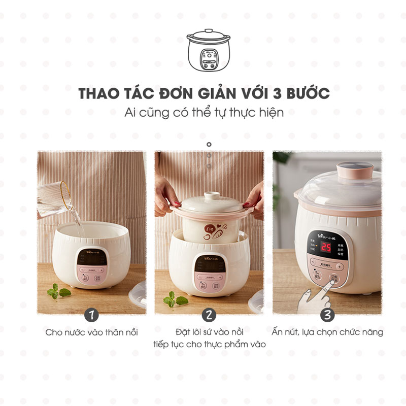 Nồi ninh , hấp, nấu cháo, nấu đồ ăn dặm cho bé 4in1 0,8L - Chính hãng Bear DDZ-B08C1