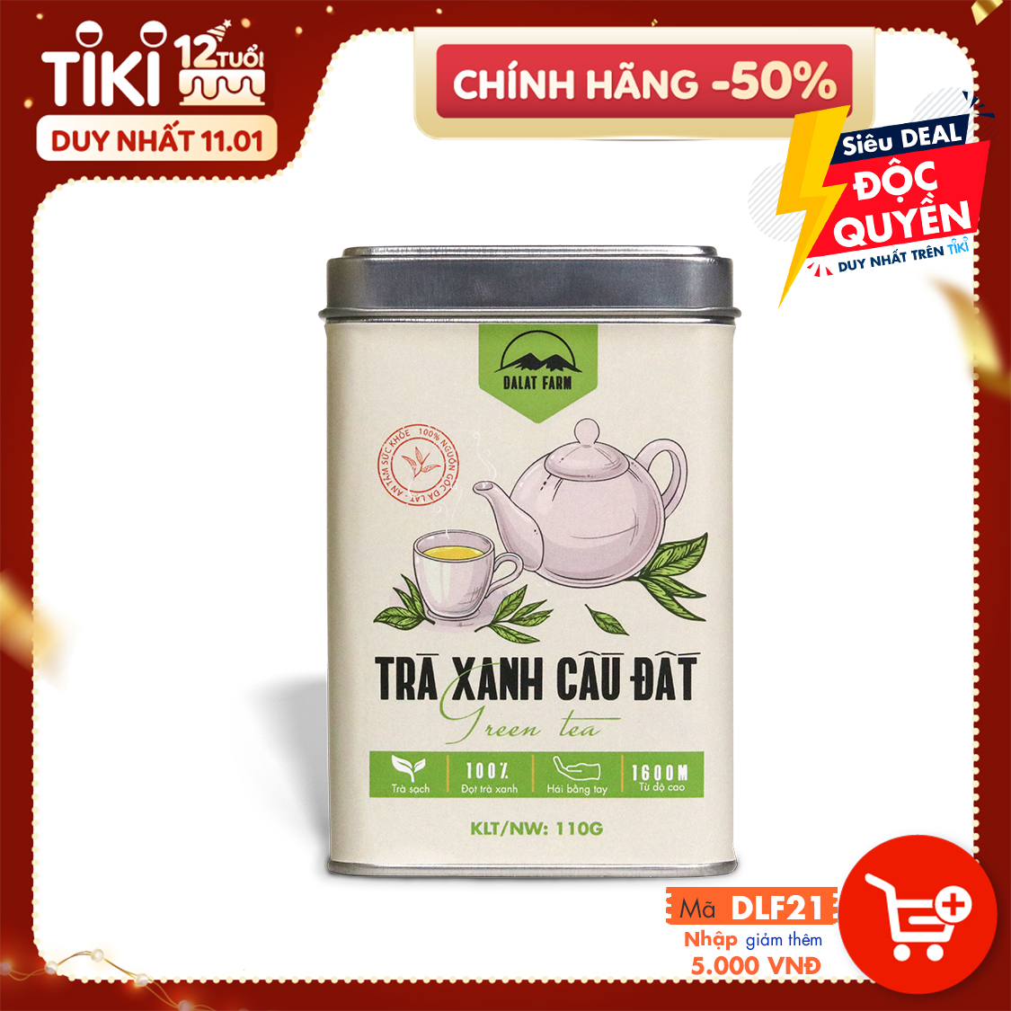 Trà Xanh Cầu Đất Dalat Farm - Hộp 110Gr