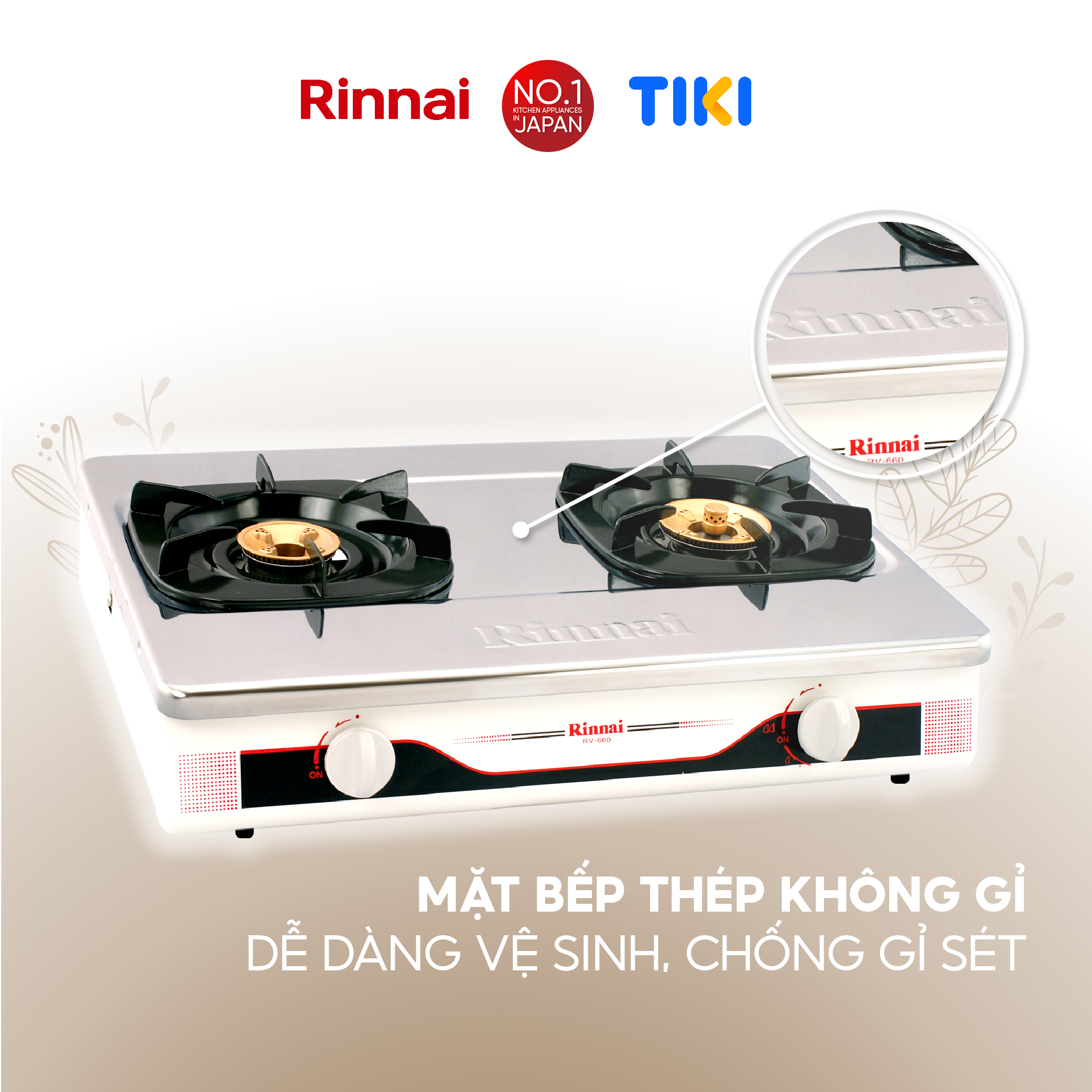 Bếp gas dương Rinnai RV-660(S) mặt bếp inox và kiềng bếp men - Hàng chính hãng.