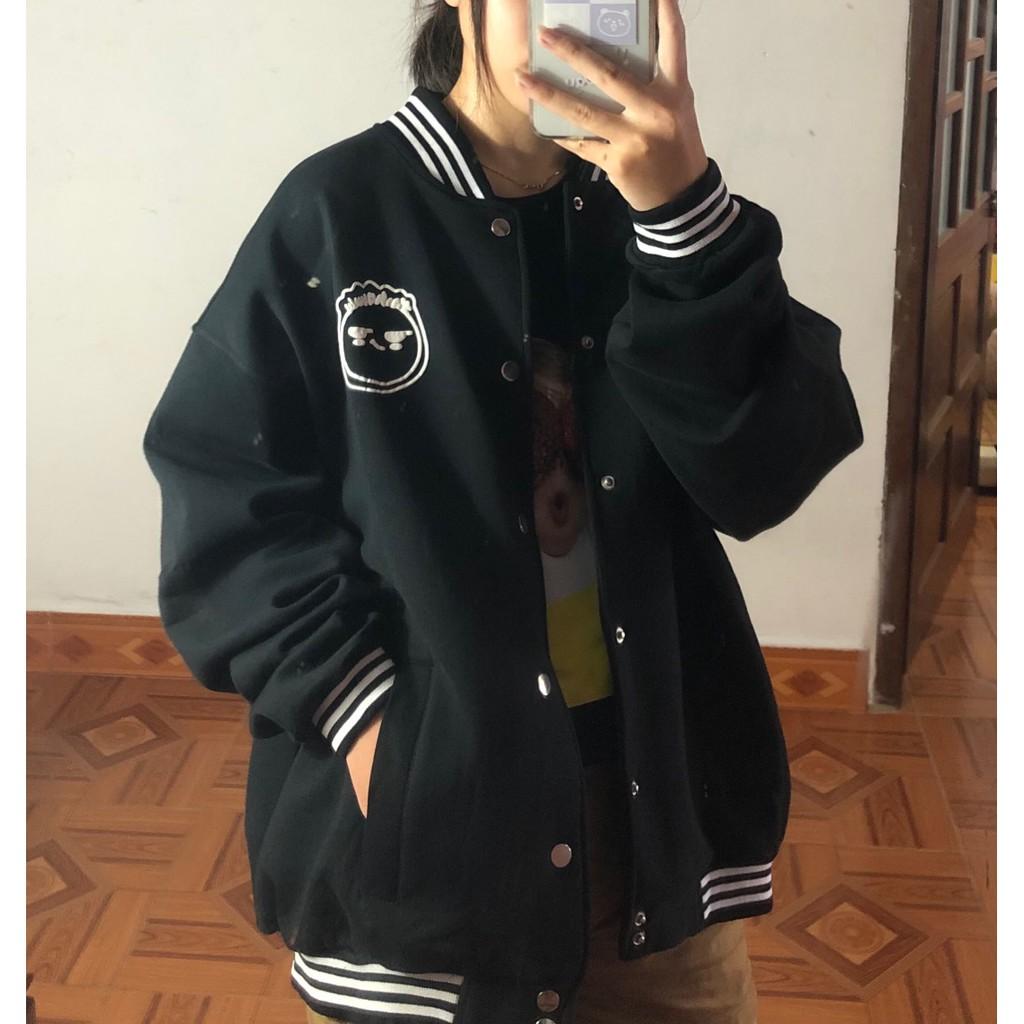 Hình ảnh Áo Bomber Nam/ Áo Khoác Nỉ dày dặn Face đen form rộng Unisex Nam Nữ Ulzzang