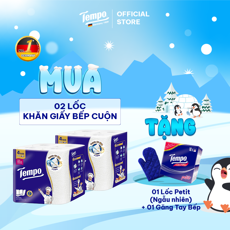 [MUA 2 LỐC BẾP CUỘN TẶNG 1 GÍA ĐỠ] Khăn Giấy Bếp Cuộn Đa Năng Siêu Thấm Tempo ( Lốc 4 Cuộn)