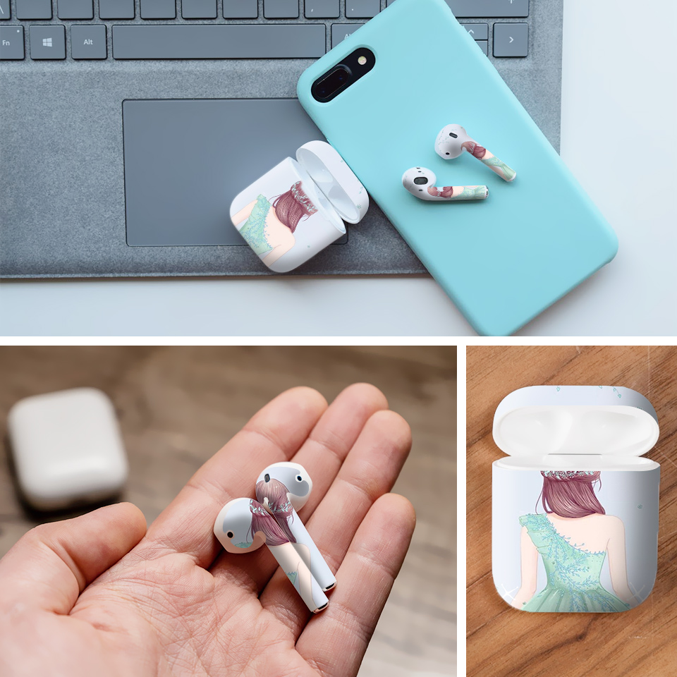 Miếng dán skin chống bẩn cho tai nghe AirPods in hình Cô gái váy xanh - Gin007 (bản không dây 1 và 2