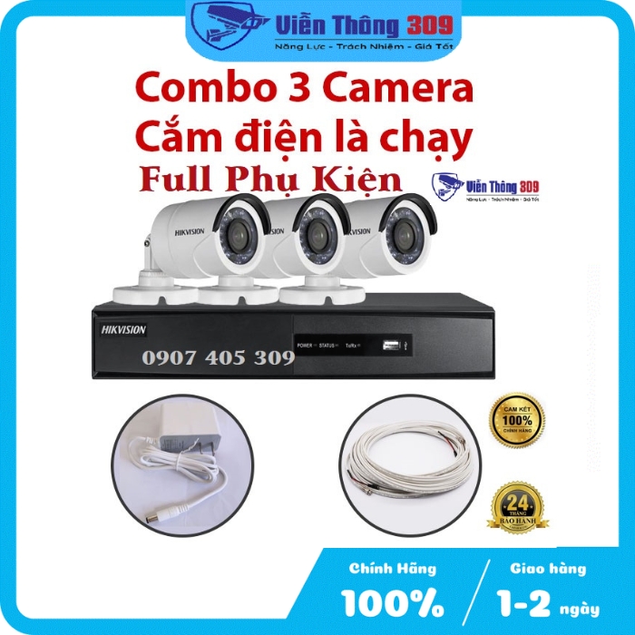 Trọn bộ 3 Camera 2MP DS-2CE16D0T-IR(C) + Đầu ghi hình Hikvision, có sẵn phụ kiện, cắm điện là chạy - Hàng chính hãng