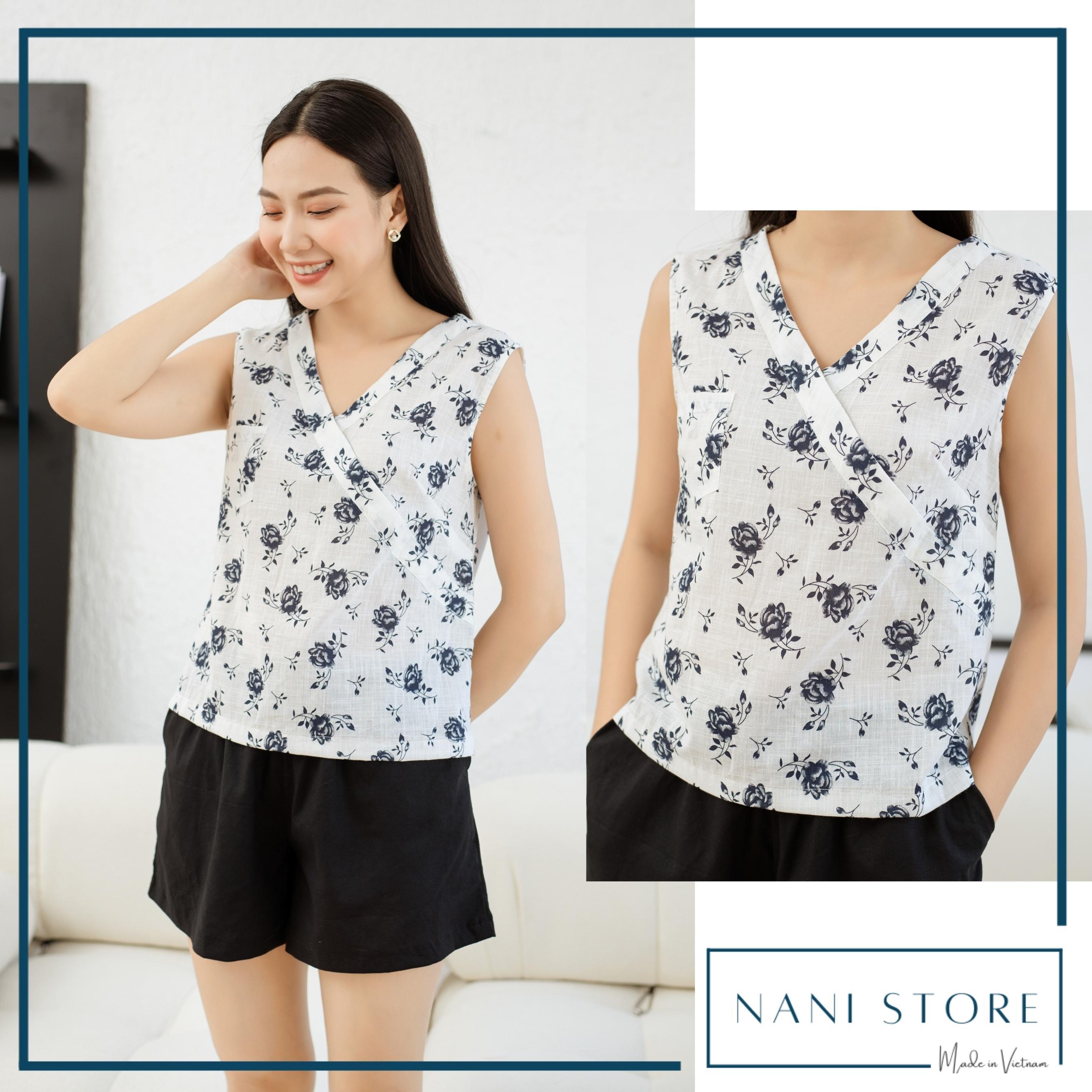 Đồ bộ đùi không tay hoa trắng phối quần trơn đen NH220902