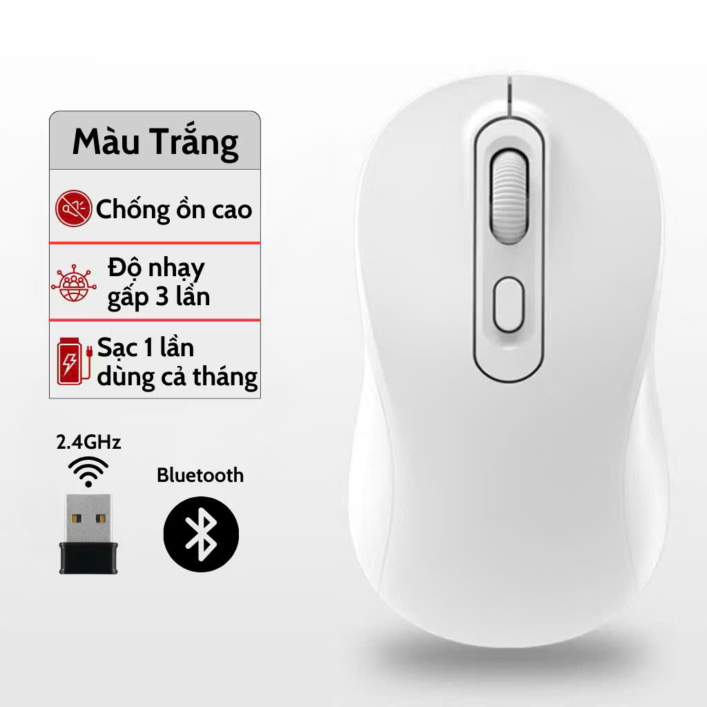 Chuột Không Dây Sạc Pin Click Siêu Tĩnh Âm 2 Chế Độ Bluetooth 5.2 &amp; USB 2.4G, 3 Mức DPI KẾT NỐI ĐIỆN THOẠI IPAD LAPTOP - HÀNG CHÍNH HÃNG