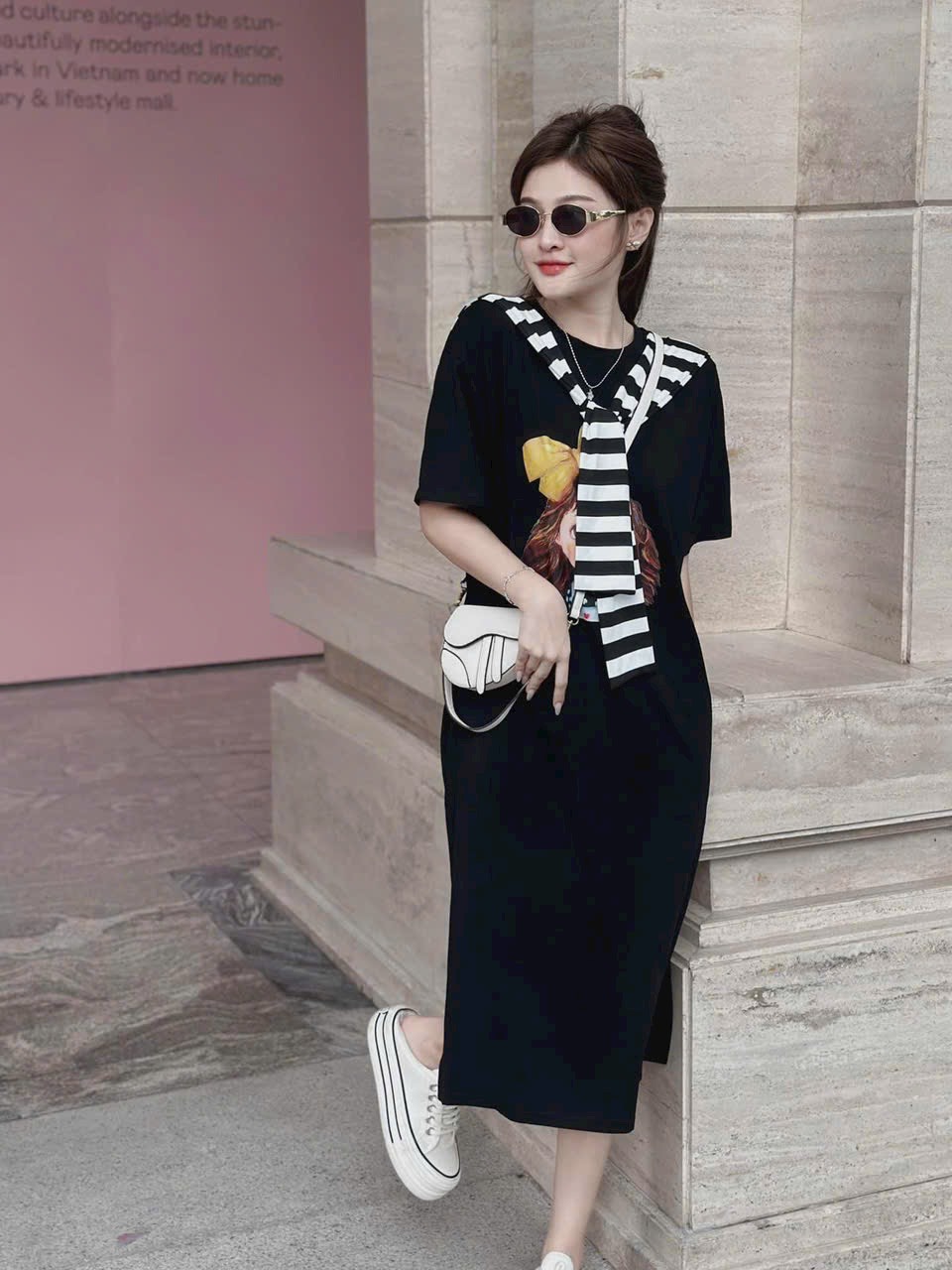 ĐẦM XUÔNG IN HÌNH CÔ GÁI KÈM CHOÀNG VẠT 2 MÀU Y HÌNH