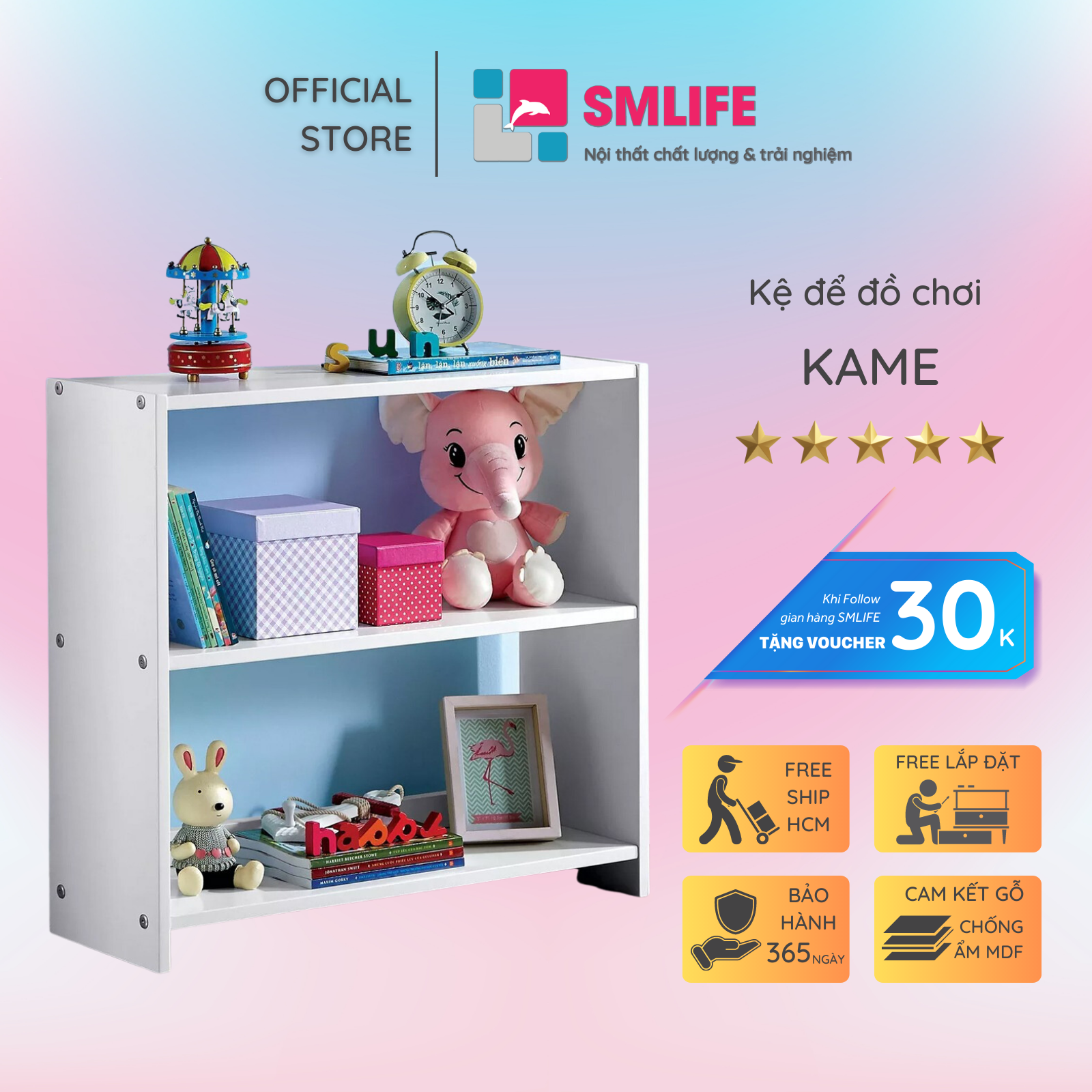 Kệ để đồ chơi cho bé SMLIFE Kame | Gỗ MDF dày 17mm chống ẩm | D60xR25xC55cm