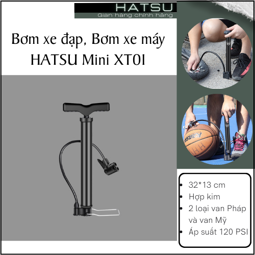 Bơm xe đạp, Bơm xe máy nhỏ gọn HATSU Mini XT01 - Xách tay siêu nhẹ, Áp suất 120 PSI hỗ trợ cả Van Mỹ và Van Pháp