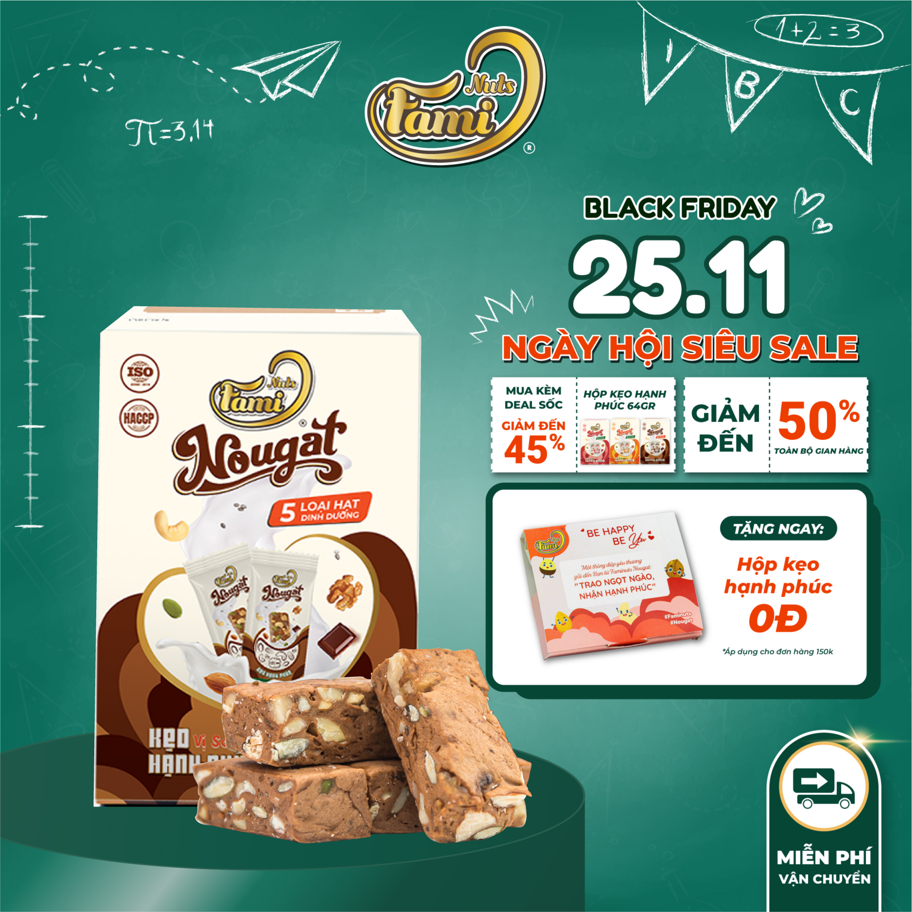 Kẹo Nougat Kẹo ít ngọt FAMINUTS - 5 Loại Hạt Vị Socola Thơm Ngon