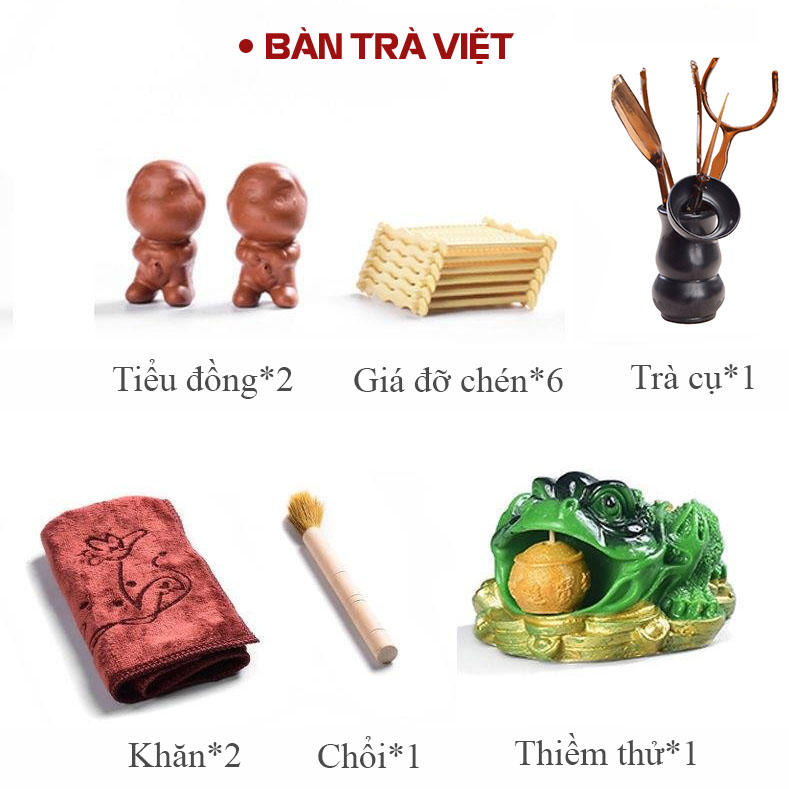 Bàn trà điện thông minh giá rẻ mẫu gỗ sồi sơn PU đen - Gồm đầy đủ bàn, bộ bếp pha trà, cùng ấm chén màu nâu đất.