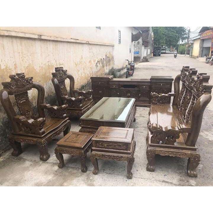 Bàn Ghế Tam Sư Nghê Ba Đầu Gỗ Mun Đuôi Công