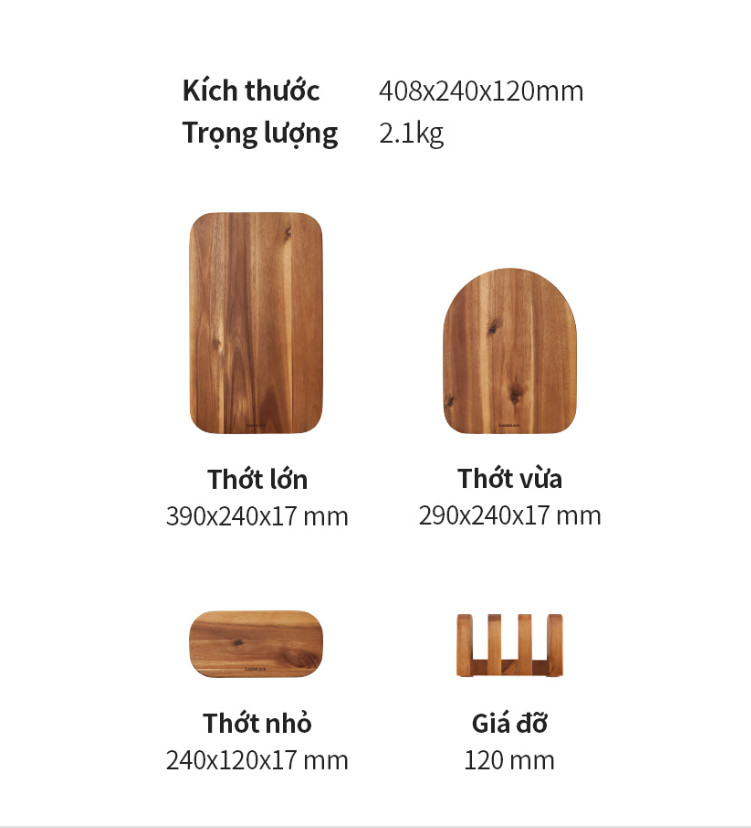 Bộ 3 Thớt Gỗ Acacia Kèm Giá Đỡ LocknLock CKD075S4