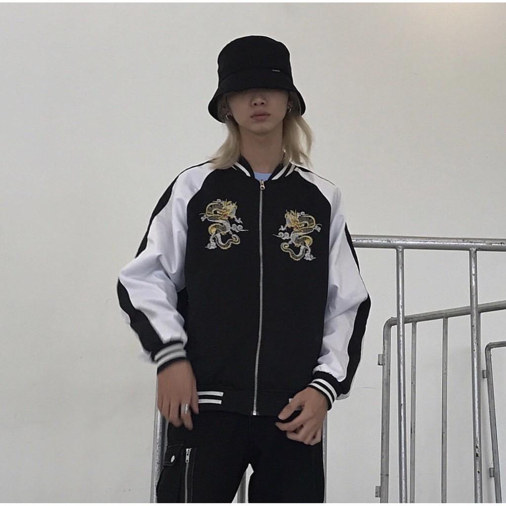 ÁO KHOÁC DÙ BOMBER UNISEX RỒNG ĐEN THÊU THE 1992