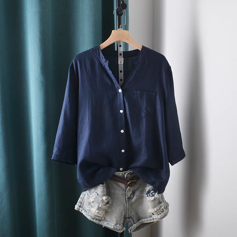 Áo sơ mi nữ cổ tàu tay lỡ, chất đũi mềm mát, màu sắc trẻ trung cho nữ Sm200