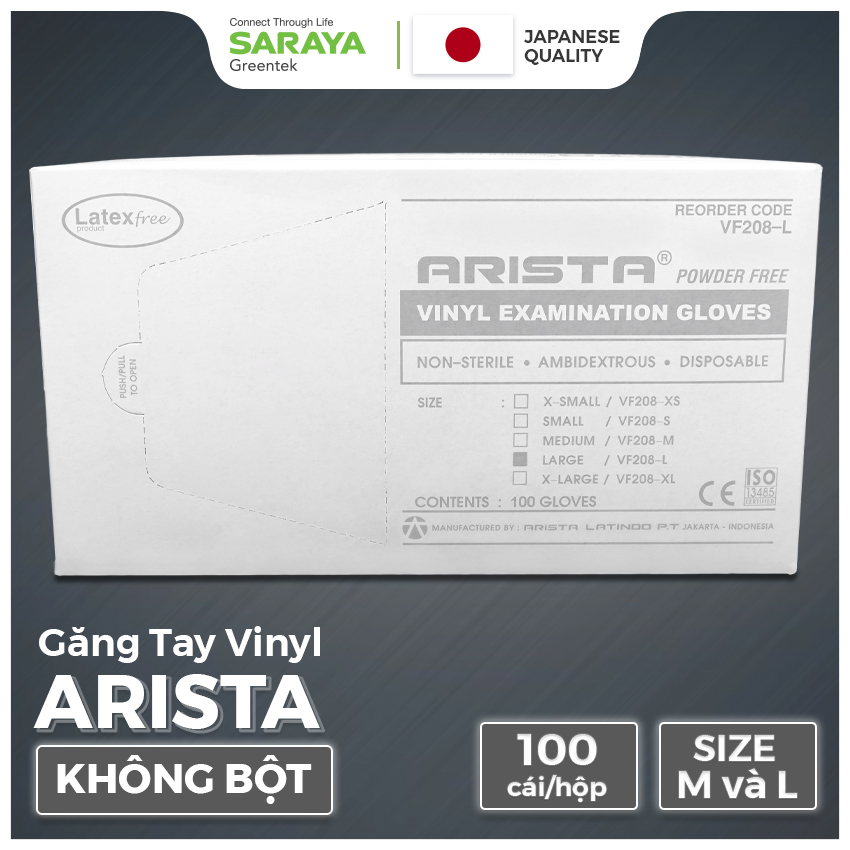 Găng Tay VINYL ARISTA KHÔNG BỘT, Làm Bằng Nhựa Dẻo PVC, Dùng Trong Thực Phẩm, Vệ Sinh, (ARISTA VINYL EXAMINATION GLOVES) - 100 CHIẾC/HỘP