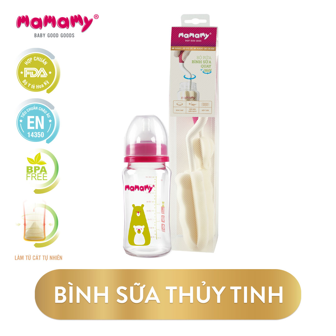 Combo 1 Bình Sữa Thủy Tinh Cổ Rộng Mamamy 240ml chống sạc và đầy hơi và 1 Bộ cọ rửa bình sữa Mamamy 360 độ