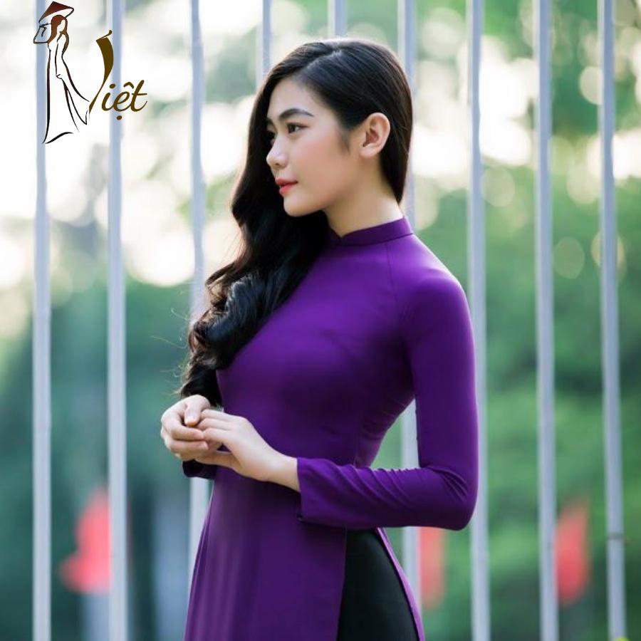 Áo dài tím huế đậm trơn truyền thống may sẵn lụa mỹ cao cấp