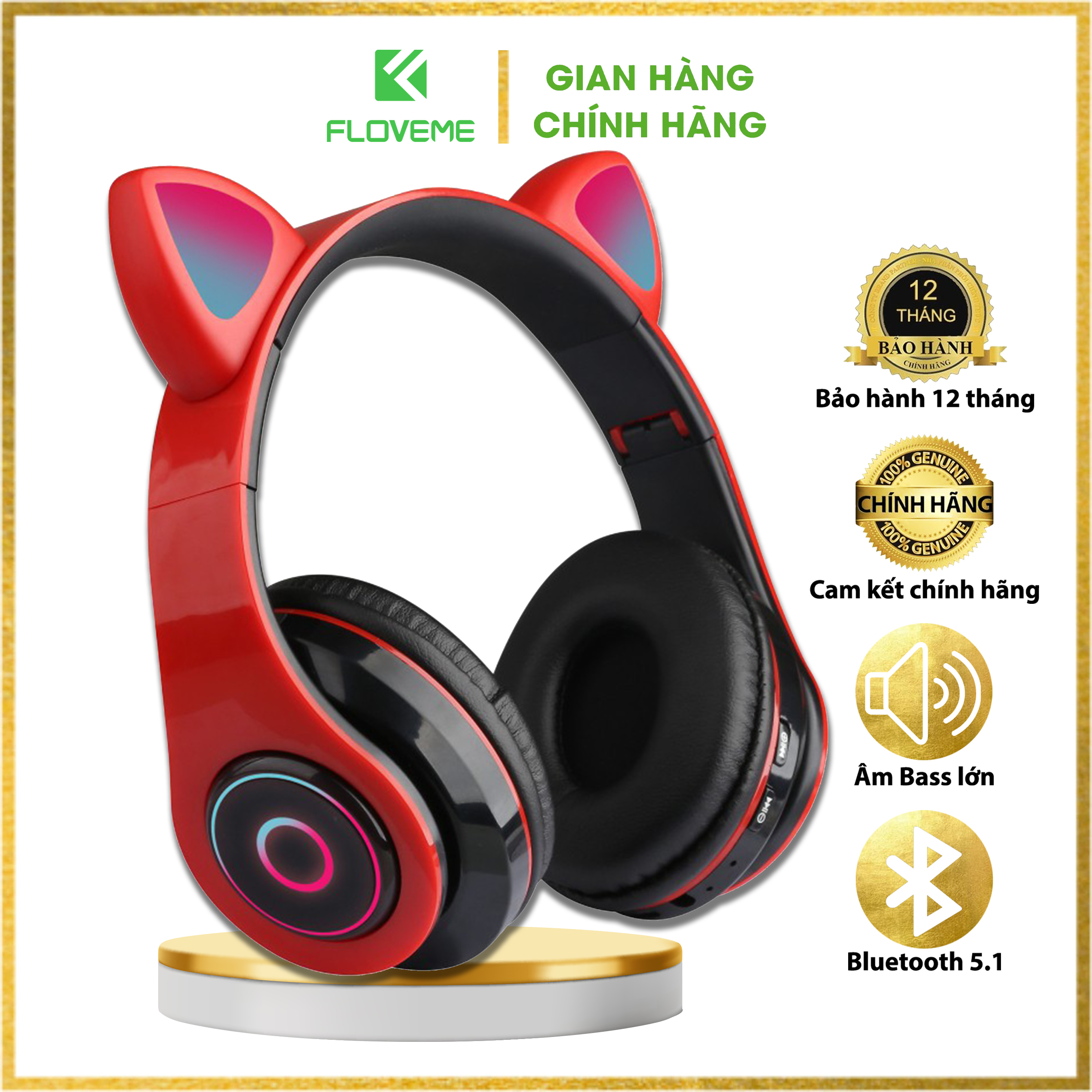 Tai Nghe Chụp Bluetooth Floveme BC3 Tai Mèo không dây Siêu Cute - Tích Hợp Đèn LED 7 Chế Độ Màu Rực Rỡ, Lọc Âm Thanh Ồn - Hàng Chính Hãng