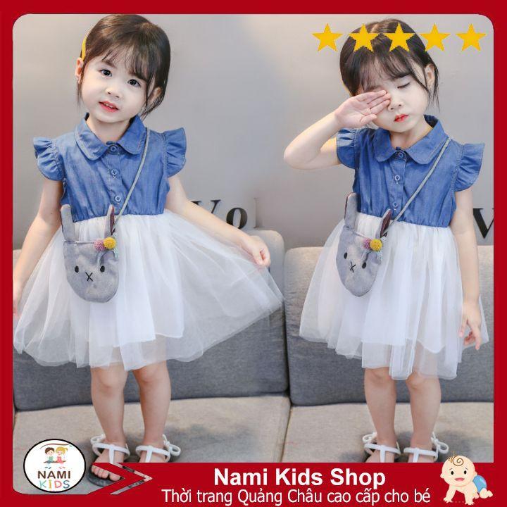 [300:H9] Váy bé gái chất denim phối voan tặng phụ kiện túi thỏ cute cho bé