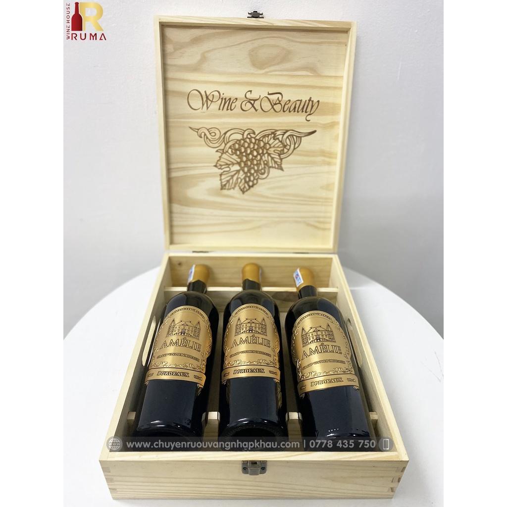 Quà tặng hộp gỗ 3 chai rượu vang Pháp Amelie