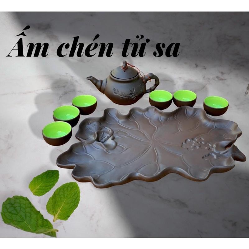 Bộ ấm chén Tử sa hồng trà. Gốm sứ Bát Tràng cao cấp.