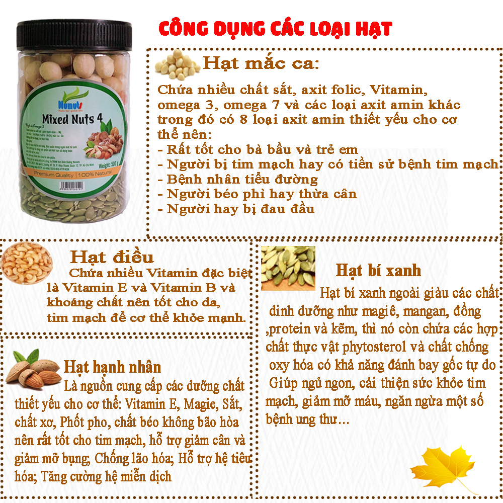 Mix hạt dinh dưỡng SIÊU MACCA Nunuts gồm 4 loại ( macca Úc, hạnh nhân Mỹ, hạt điều BP, hạt bí) làm sữa, hạt sấy giòn, hạt tẩm mật ong