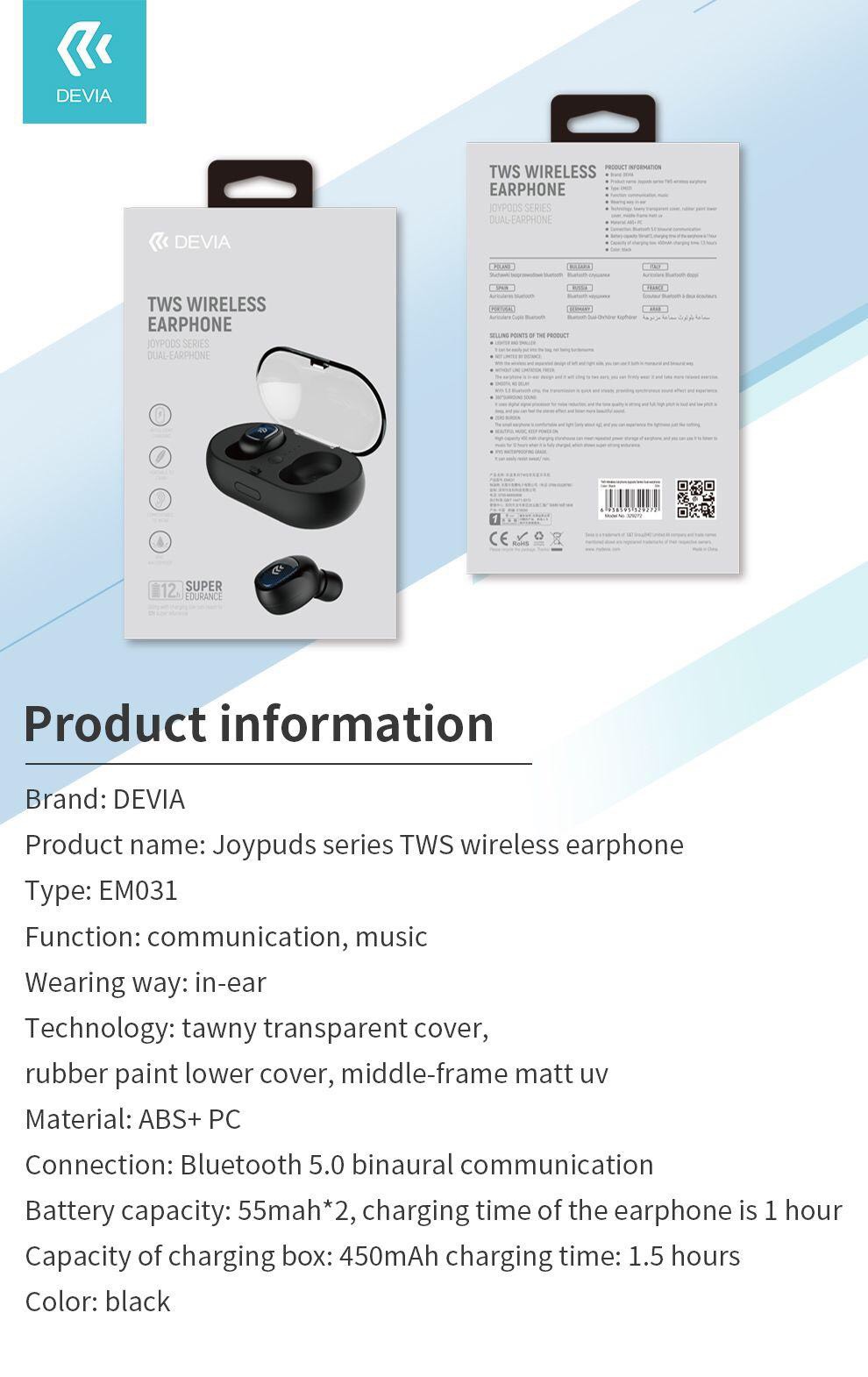 Tai nghe Devia Joypods TWS wireless Earphone V2- Hàng chính hãng