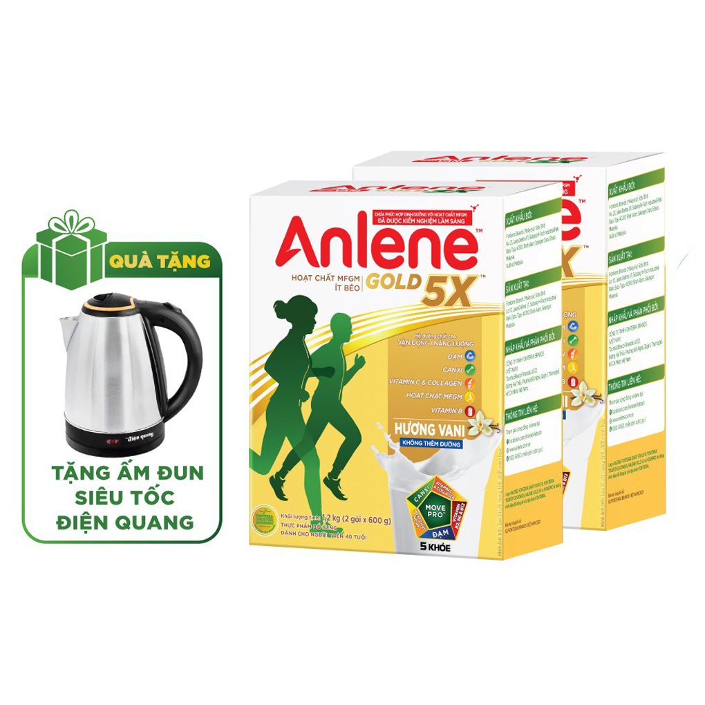 Combo 2 Sữa Bột Anlene Gold Hương Vanilla (Hộp giấy 1200g) - Tặng ấm đun Điện Quang